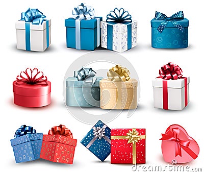 Set of colorful gift boxes with bows and ribbons. Vector Illustration