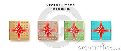 Set of colorful gift boxes with red bows and ribbons for Birthday, Valentines Day and Anniversary celebration. Vector illustration Vector Illustration