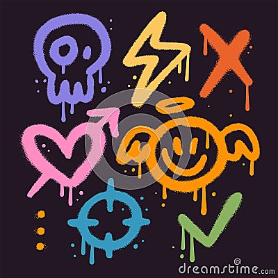 Set of colorful graffiti spray simple elemets set. Collection of symbols, heart, cross, thunder, angel, skull, check Vector Illustration