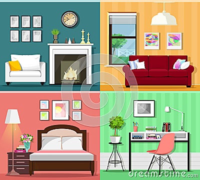 Set of colorful graphic room interiors with furniture icons: living rooms, bedroom and home office. Flat style vector illustration Vector Illustration