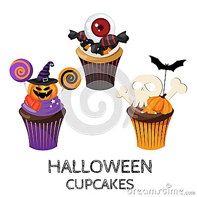 Set of colorful Halloween cupcakes and Candy Vector Illustration