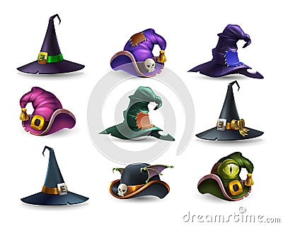 Set of colorful halloween hat and witch cap icons. Vector Illustration