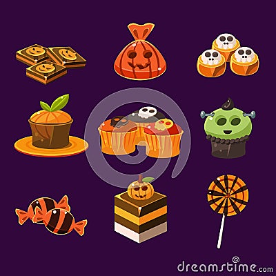 Set of colorful halloween sweets and candies Vector Illustration