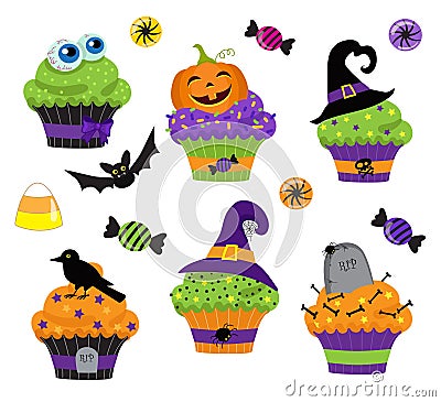 Set of colorful halloween sweets, cupcake and candies icons. Vector Illustration