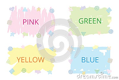 Set of colorful hand drawing pink border, doodle kids blue frame with simple yellow brush stroke. Vector Illustration