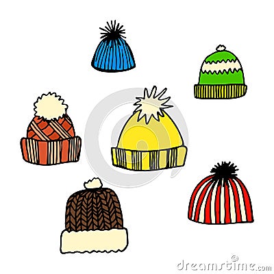 Set of colorful hand drawn knitted caps Stock Photo