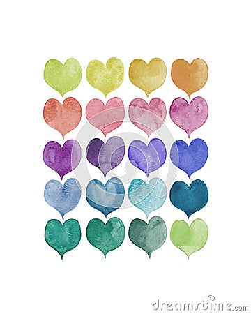 Set of colorful hand painted aqua color hearts Stock Photo