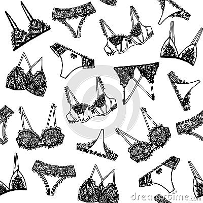 Hand drawn lingerie seamless pattern. Fashion feminine wallpaper. Vector Illustration