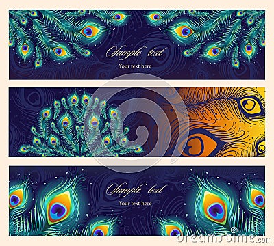 Set colorful horizontal banners with peacock feather. Vector Illustration