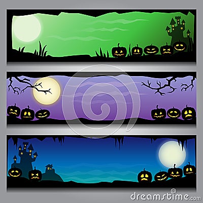 A set of colorful horizontal Halloween headers with black frames and gradient background Stock Photo