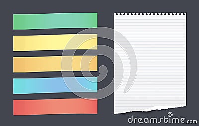 Set of colorful horizontal sticky notes with torn lined paper sheet for text stuck on black background Vector Illustration