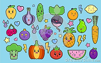 Set of colorful images of cute kawaii vegetables and fruits. Isolated elements on blue background, flat style objects Vector Illustration