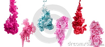 Set of colorful ink isolated on white background. red, pink, blue drop swirling under water. Cloud of ink in water. Stock Photo