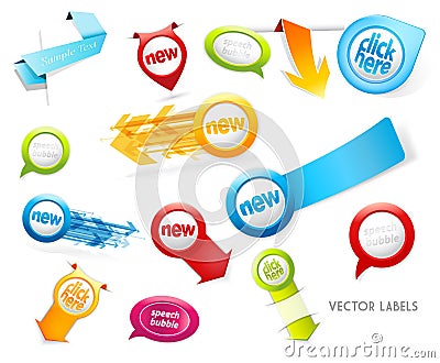 Set of colorful labels, badges, speech bubbles, pointing arrows Vector Illustration