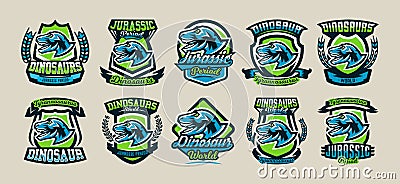 Set of colorful logos, emblems, labels the world of the dinosaurs of the Jurassic period of the Mesozoic era is isolated Vector Illustration