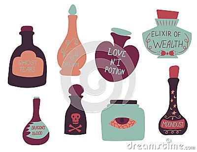 Set of colorful magic cartoon bottles and love potions. Vector illustration. Magic elixir hand drawn collection Vector Illustration