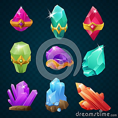 Set of colorful magic energy gems gemstones with amulets belt shapes. Vector game design elements Vector Illustration