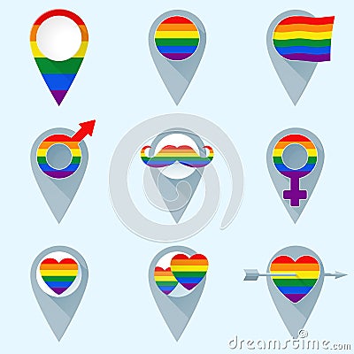 Set of colorful map markers with rainbow flag. Gay symbols. Vector Illustration