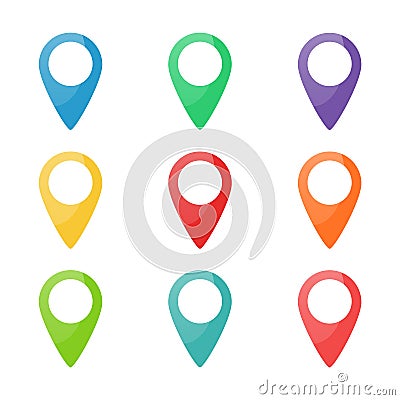 Set of colorful map pins. Mark, pointer pictogram. Location icon. Concept of pinpoint button Vector Illustration