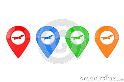 Set of Colorful Map Pointer Pins with Airplane Icon. 3d Rendering Stock Photo