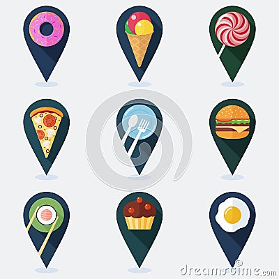 Set of colorful markers for map with food flat icons. Vector Illustration