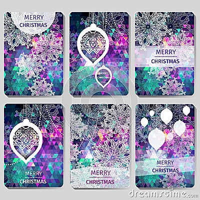 Set of 6 Colorful Merry Christmas and Happy New Year polygonal background with snowflakes, Vector Illustration