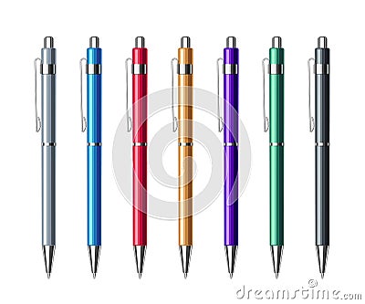 Set of colorful metallic spring ballpoint pens Vector Illustration