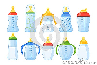 Set Of Colorful Milk Bottles For Kids Includes Different Sizes And Designs With Easy-grip Handles. Ideal For Toddlers Vector Illustration
