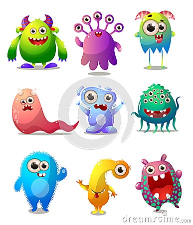 Set of colorful monsters, animator costume, comic character Vector Illustration