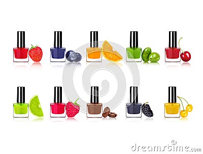 Set of colorful nail polishes with fruits and berries Stock Photo