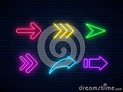 Set of colorful neon arrows, web icons. Neon arrow signs collection. Bright arrow pointer symbols Vector Illustration