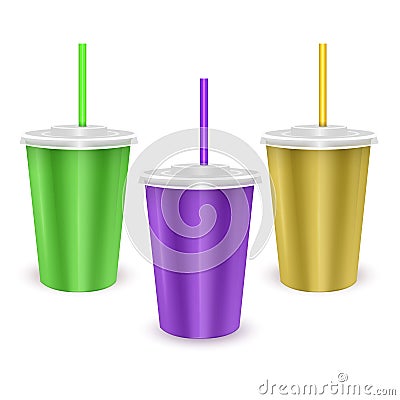 Set of colorful paper disposable cup with lid and drinking straw for cold beverage -soda, ice tea or cocktail, Realistic packaging Vector Illustration