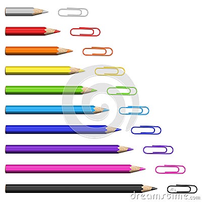 Set of Colorful Pencils and Paperclips in Form of Stairs. Stock Photo