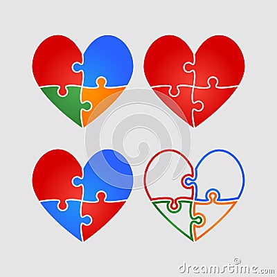Set colorful pieces puzzle of romantic hearts. Vector Illustration