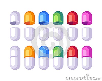 Set of colorful pills. Open and closed capsules. Medicine flat icons Vector Illustration