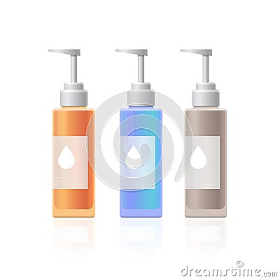 Set colorful plastic bottles with push valve for liquid cream soap realistic packages collection beauty spa products Vector Illustration