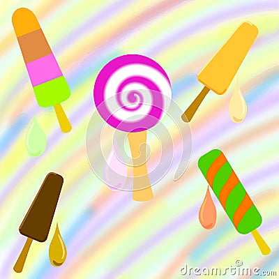 Set of colorful popsicle on a rainbow background Vector Illustration