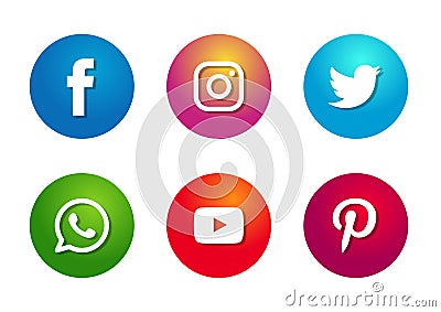 Set of colorful popular social media icons logos Facebook Instagram Twitter WhatsApp Youtube pinterest element vector. Editorial Stock Photo