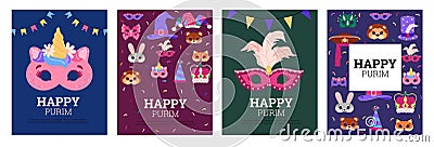 Set of colorful poster or vertical banners about Happy Purim flat style Vector Illustration