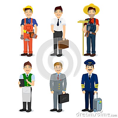 Set of colorful profession man flat style icons pilot, businessman, builder, waiter, farmer, manager. Vector Illustration