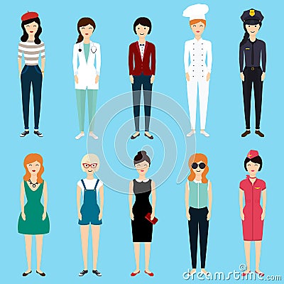 Set of colorful profession woman flat style Vector Illustration