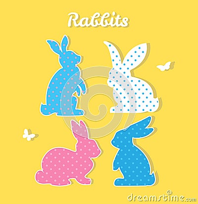 Set of colorful rabbits. Vector silhouette. Paper art and craft Vector Illustration