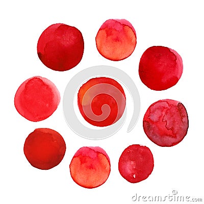 Set of colorful red hand drawn watercolor spots, circles isolated on white. Stock Photo