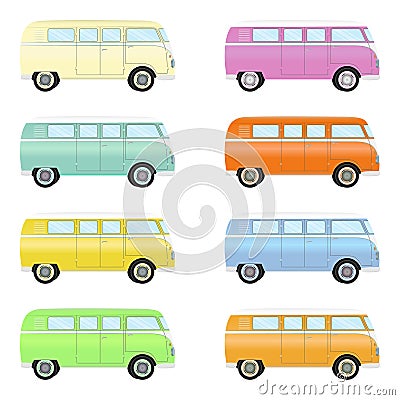 Set of colorful retro travel buses. Cartoon hippie vans in different colors isolated on a white background. Vector Illustration