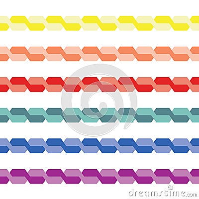 Set of colorful seamless braided pigtail stripes. Vector seamless textured design element for cards, invitations, kids, textile, Vector Illustration