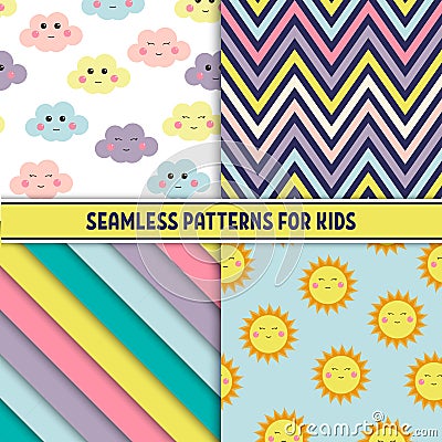 Set of colorful seamless pattern. Childish background with smiling suns and clouds. Holiday design. Vector illustration. Vector Illustration