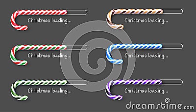 Set of colorful shiny Christmas loading bars made of sweet realistic candies on grey background Vector Illustration