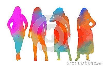 Set of colorful silhouettes of obese women. Dumplings, women XXL size. Beautiful curvy women. Overweight ladies. Fat Vector Illustration