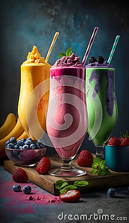 Set of colorful smoothies in transparent glasses, mugs. Delicious layered fruit dessert in different colors on dark background. Stock Photo