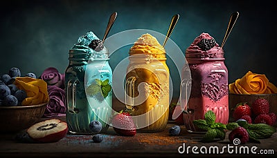 Set of colorful smoothies in transparent glasses, mugs. Delicious layered fruit dessert in different colors on dark background. Stock Photo